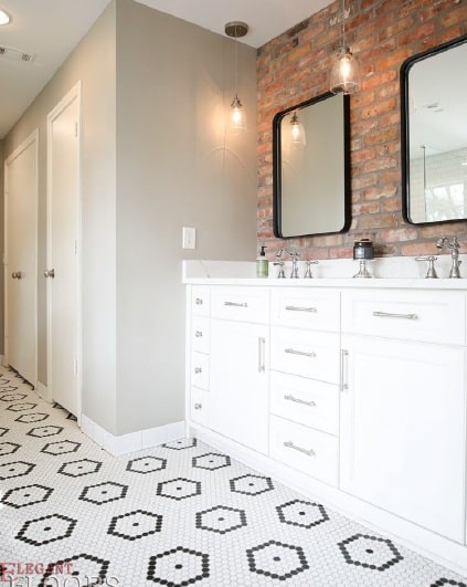 Bathroom remodel with black-and-white hexagon tile floor