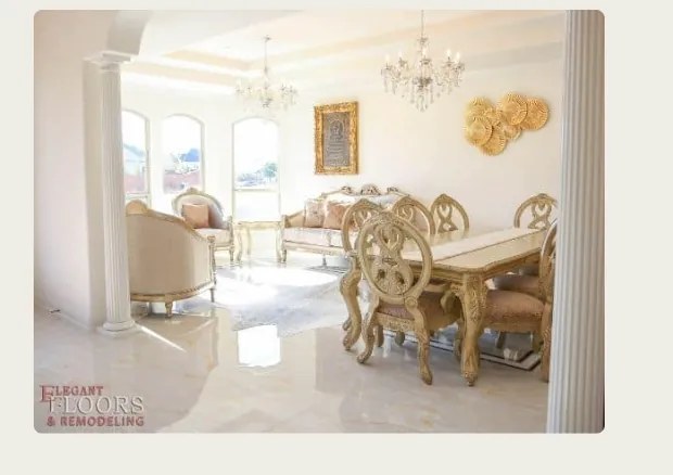 Luxury living and dining room with polished tile flooring